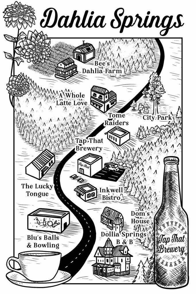 Illustrated map of Dahlia Springs. A road running down the middle with buildings and trees scattered around. There's dahlias in the upper left corner, a coffee mug in the lower left, and a beer bottle in the lower right.