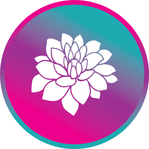 A circle with a white dahlia over a pink, purple and teal gradient.