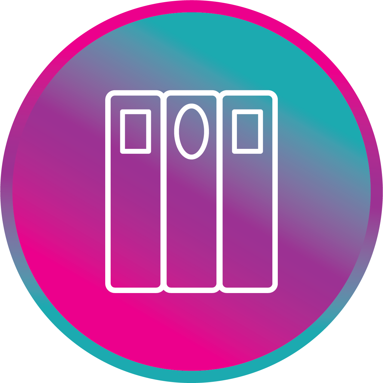 Circle with an outline of three books over a pink, purple and teal gradient