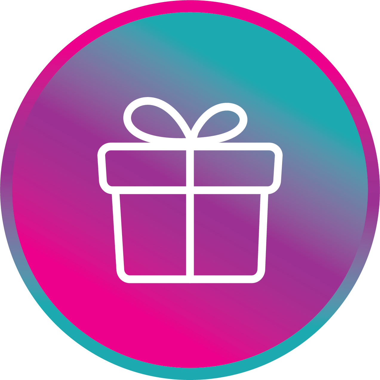 circle with an outline of a present over a pink, purple and teal gradient