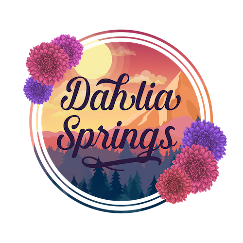 Dahlia Springs over a sunset and mountain with colors of orange, yellows and purples. Two groups of three dahlias on each side in fuschias and lavenders