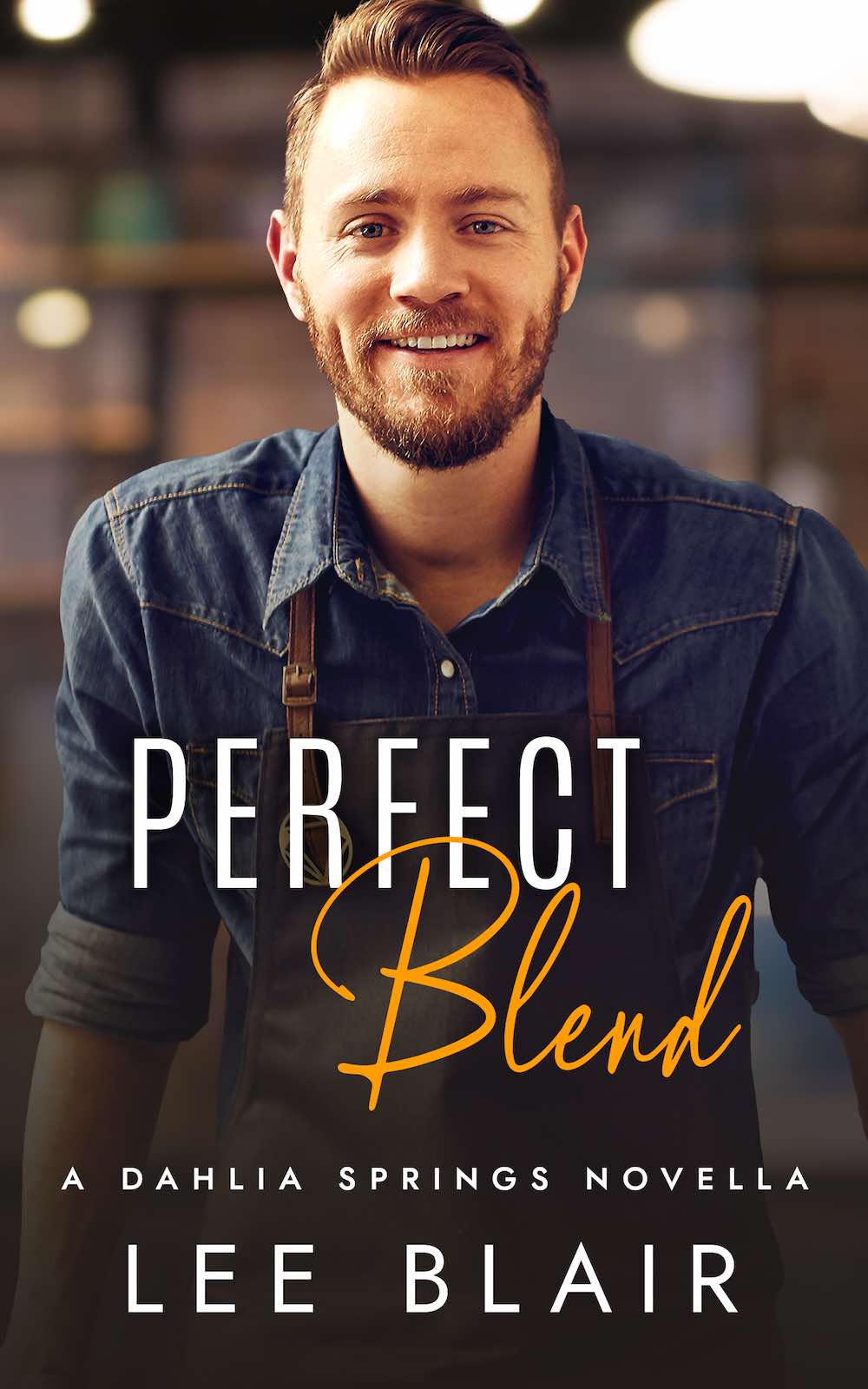 Perfect Blend by Lee Blair. A smiling Caucasian man with dirty blond hair is wearing a dark denim shirt and an apron, standing in a cafe.
