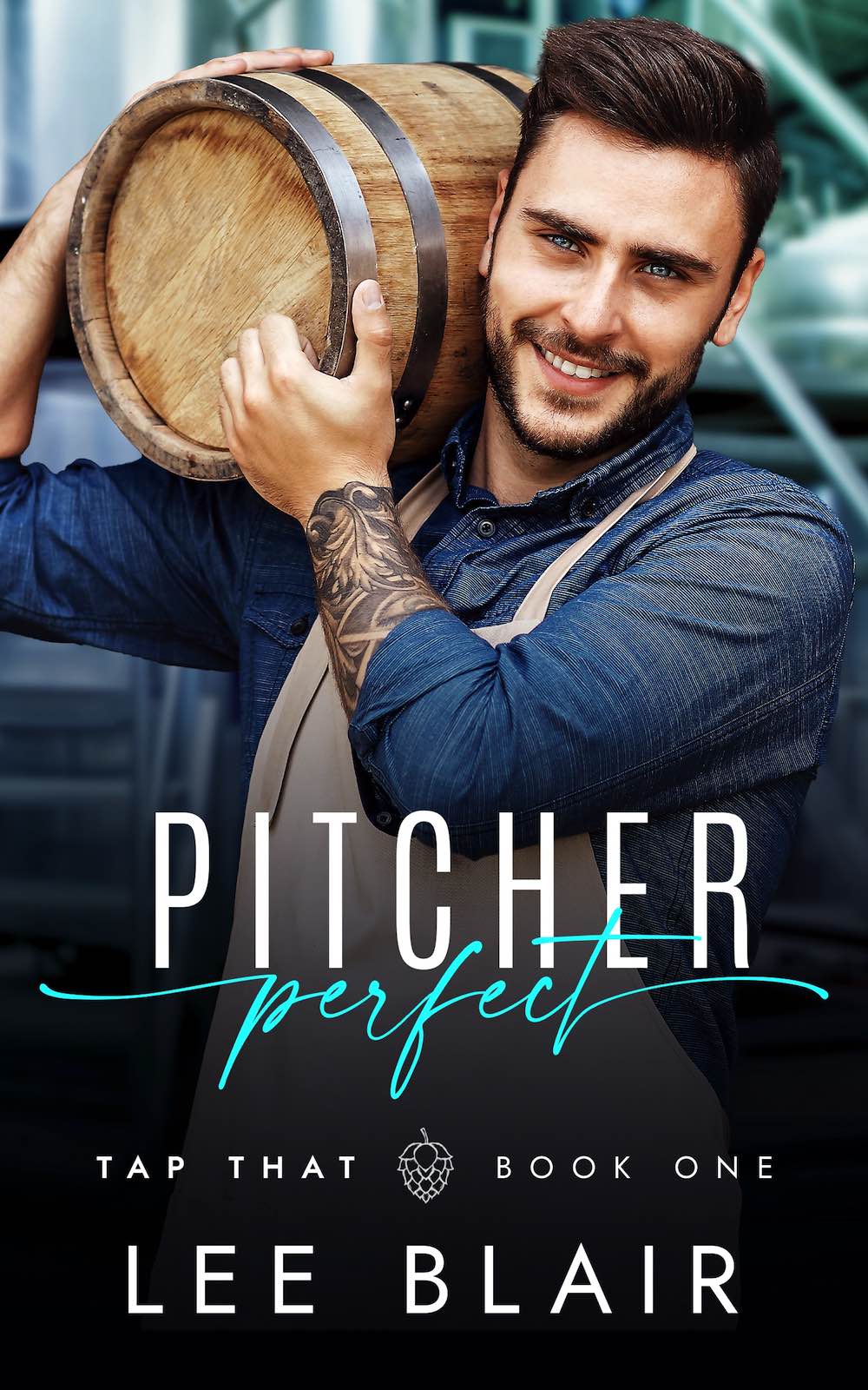 Pitcher Perfect by Lee Blair. A smiling Caucasian man wearing a denim shirt and apron is holding a keg over his shoulder. He has dark hair and light blue eyes.