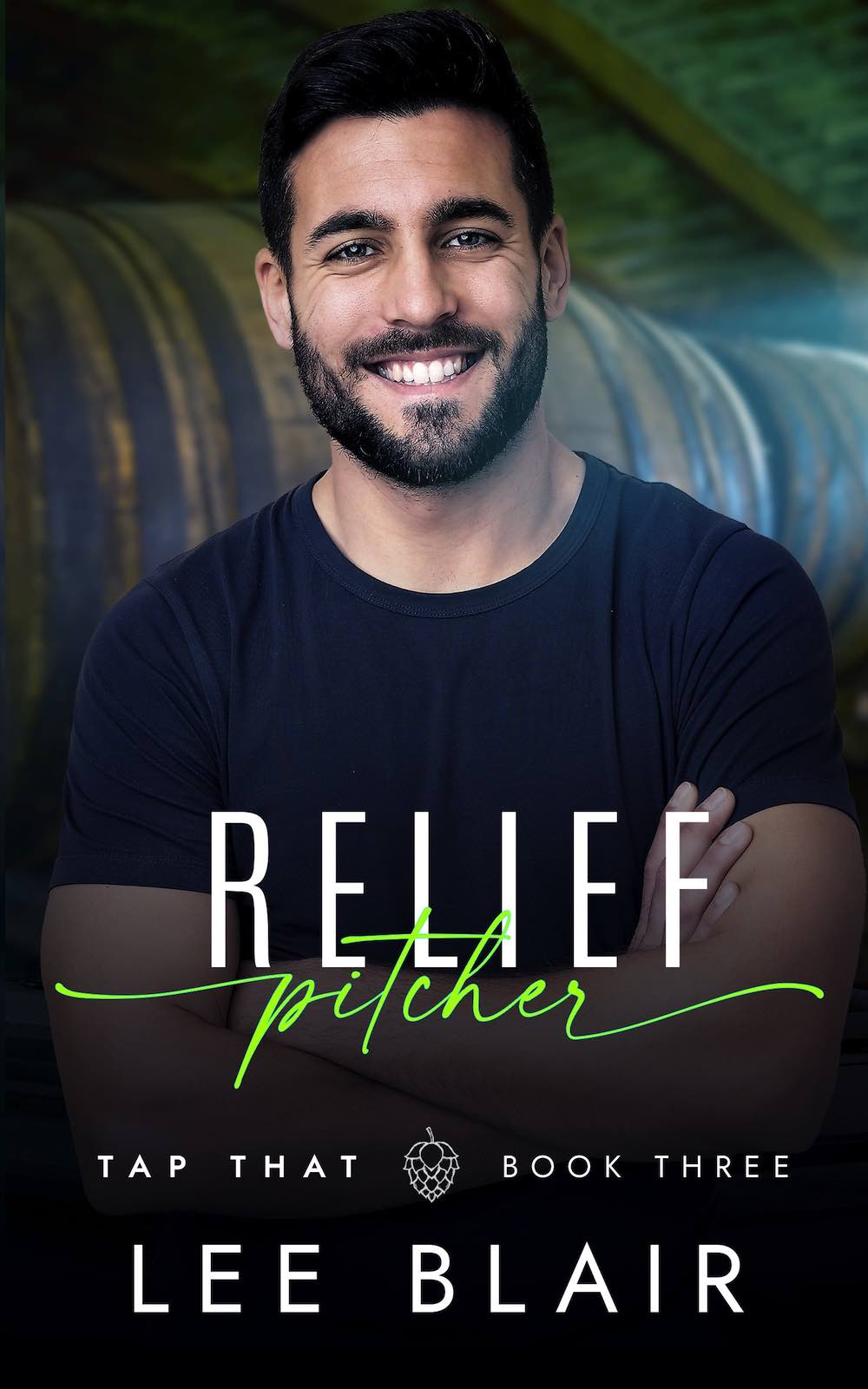 Relief Pitcher by Lee Blair. A smiling Caucasian man has his arms crossed and wearing a dark shirt. He's standing in front of large kegs.