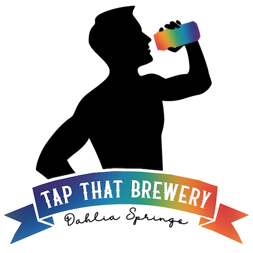 Black silhouette of a man drinking a rainbow can of beer. Tap That Brewery written over a rainbow banner at the bottom with Dahlia Springs below it.